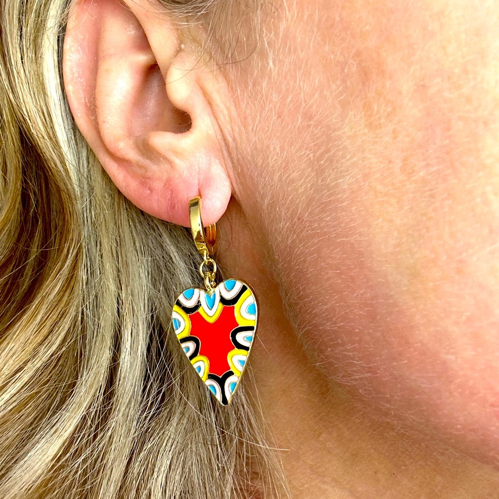 Heart shaped red and black white enamel drop earrings